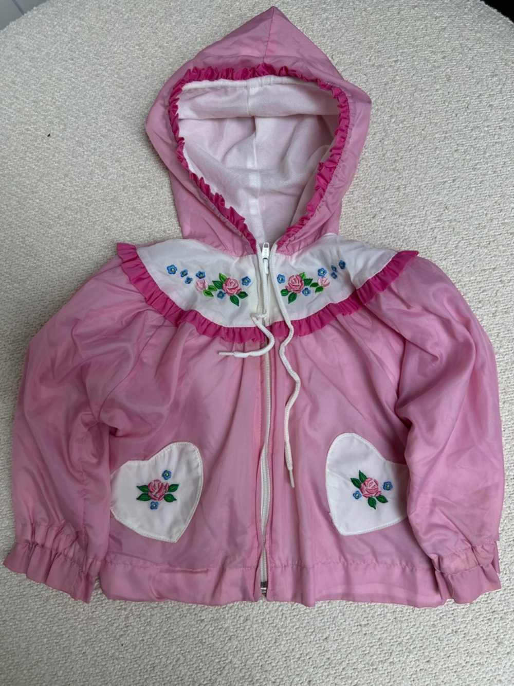 Tiny Tots Vintage Original Hooded Toddler Girl Nylon Jacket - White & Pink Sz 2